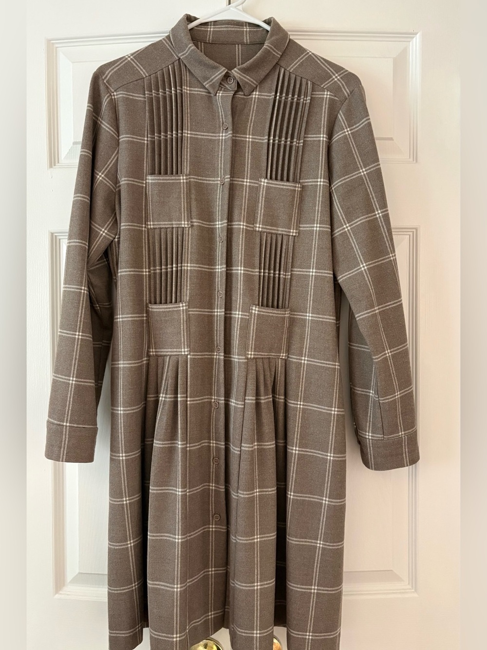 Plaid Button-Front Long-Sleeve Shirt Dress in Taupe